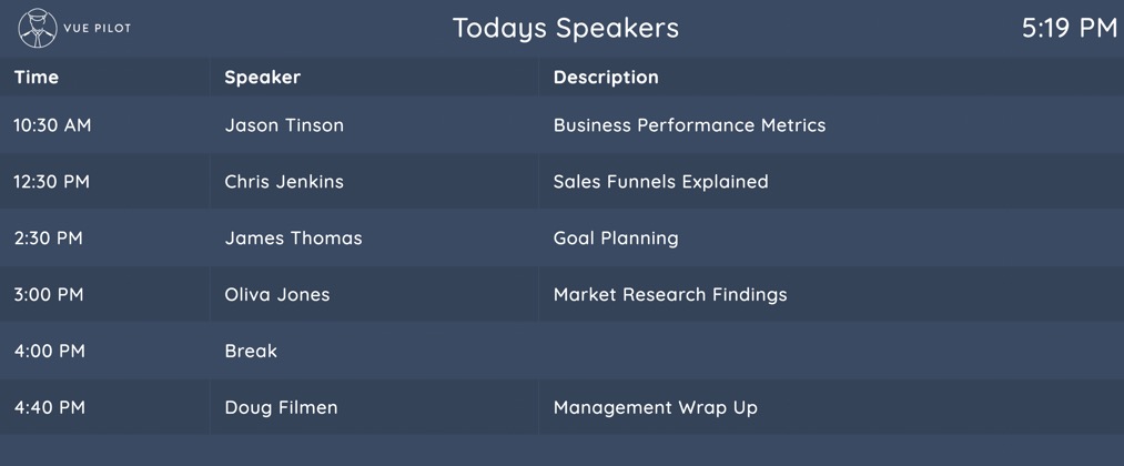 Display simple timetable information for speaking events