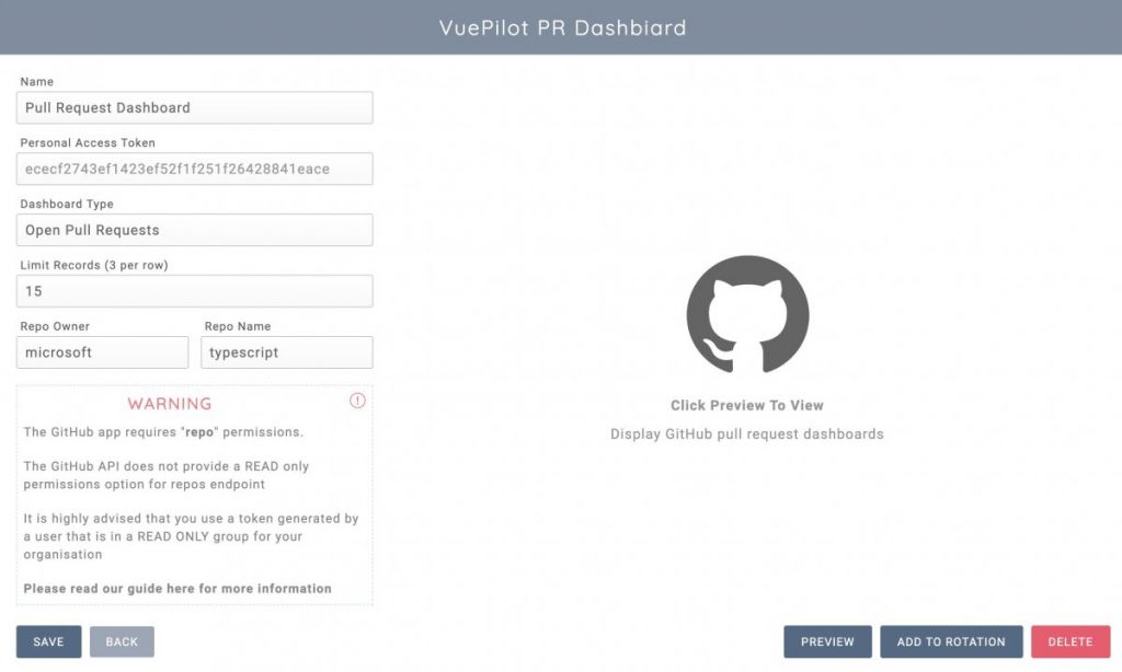 GitHub Dashboard App Form